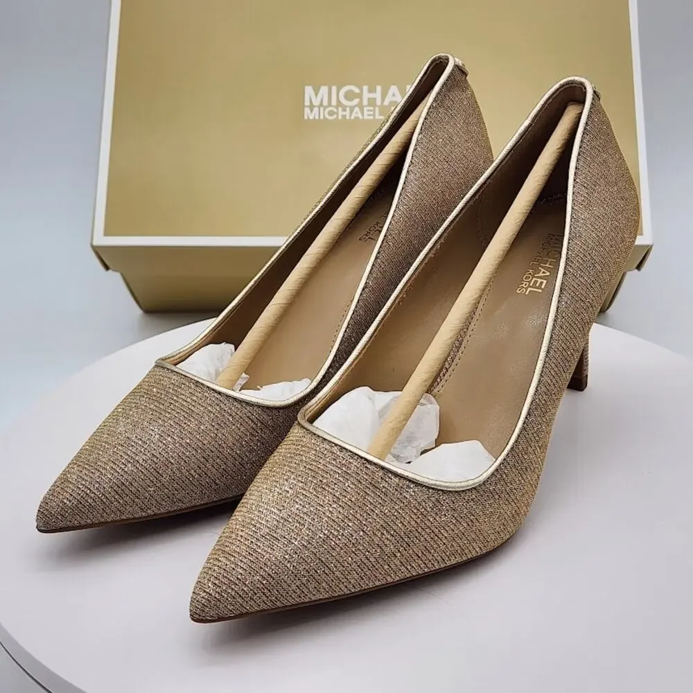 NEW Michael Kors Alina Flex Pump Pale Gold Glitter Chain Mesh Heels Size 5.5M